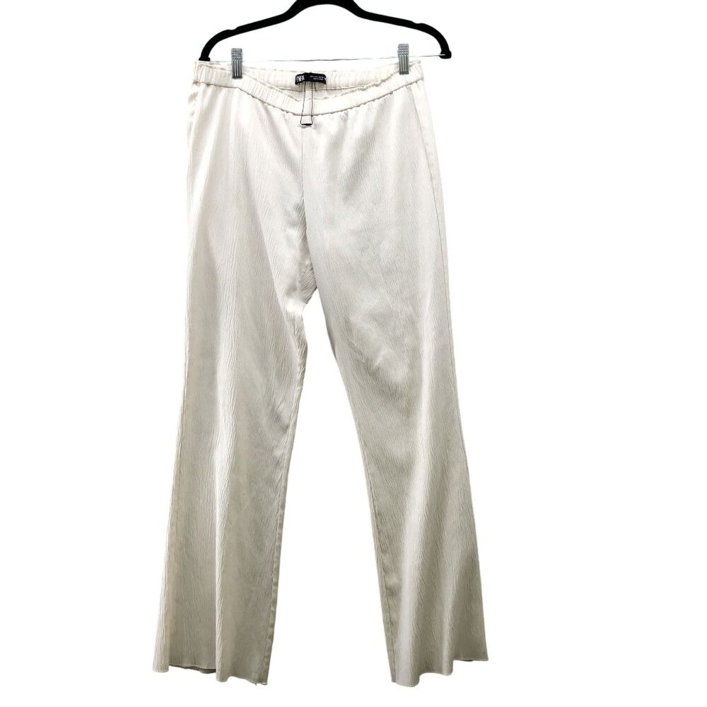 Zara Crepe Wrinkle Dress Pants Womens‎ L Ivory White Flare Pull On Lightweight